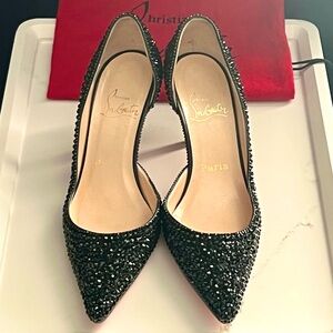 Christian Louboutin Black Swarovski Crystal Strass Pointed Toe Heels Size 36